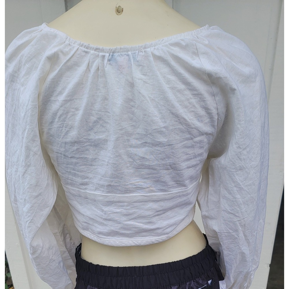 VRG GRL Linen Blend‎ Balloon Sleeve Deep V Crop Milkmaid Fairycore Ivory Sz 8 - Picture 12 of 13